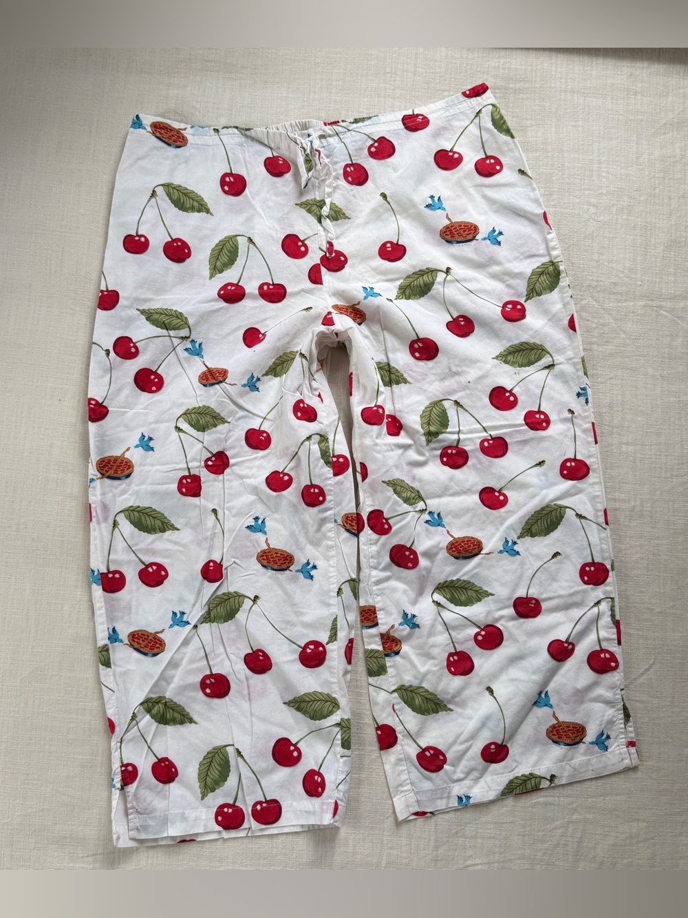 Vintage Nick & Nora Cherry Pie Bluebird Pajama Pants L Cotton Wide Leg